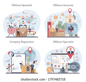 Offshore specialist or company concept set. Professional businessman help with financial services to nonresidents. Tax haven, offshore business. Isolated vector illustration