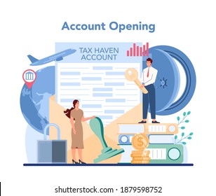 Offshore specialist concept. Professional businessman help with financial services to nonresidents. Account opening, tax negotiation. Isolated vector illustration