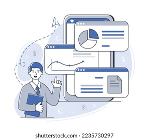 Offshore specialist concept. Young guy on background of graphs, diagraams and charts. Money transfers and transactions. Financial literacy and tax avoidance metaphor. Cartoon flat vector illustration