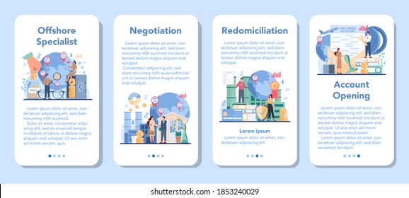 Offshore specialist mobile application banner set. Professional businessman help with financial services to nonresidents. Account opening, tax negotiation. Isolated vector illustration