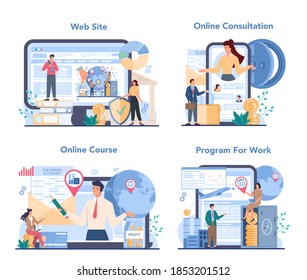 Offshore specialist online service or platform set. Professional businessman help with financial services to nonresidents. Online consultation, course, website, software. Isolated vector illustration
