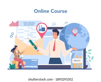 Offshore specialist online service or platform. Professional businessman help with financial services to nonresidents. Online course. Isolated vector illustration