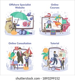 Offshore specialist online service or platform set. Professional businessman help. Offshore business registration or transfer. Online course, consultation, tutorial, website. IFlat vector illustration
