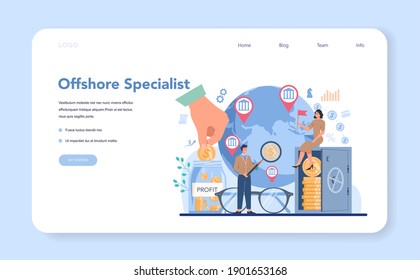 Offshore specialist web banner or landing page. Professional businessman help with financial services to nonresidents. Account opening, tax negotiation. Isolated vector illustration