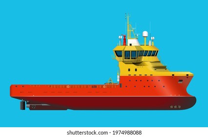 Offshore support vessel vessel with hydraulic telescopic crane, bow thrusters and stern thruster,ship vector design.