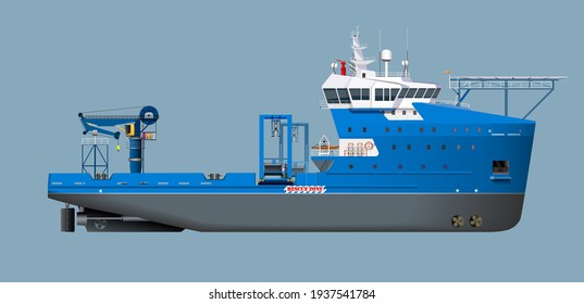 Offshore support vessel seismic survey series with active heave compensated subsea winch crane vector design.