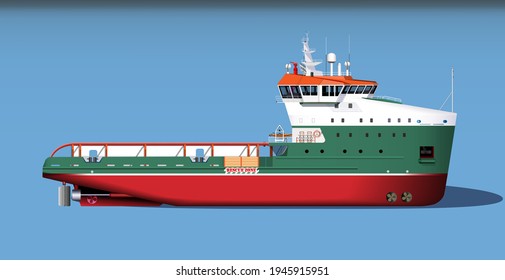 Offshore-Förderschiff-Serie, einzeln blauer Hintergrund, Clipart, roter Boden und grüner Rumpf, Vektordesign 