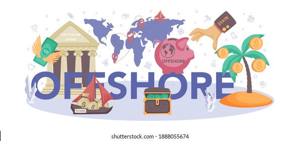 Offshore typographic header. Professional businessman help with financial services to nonresidents. Offshore business registration or transfer. Isolated vector illustration