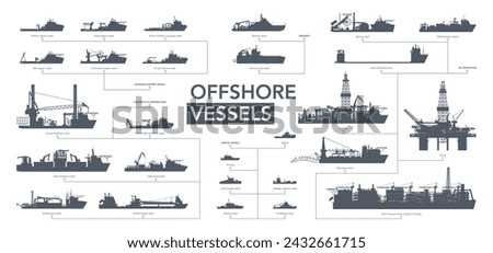 Offshore vessels icon set. Offshore ships silhouette on white. Vector illustration