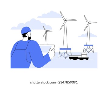 Offshore wind energy abstract concept vector illustration. Engineer looking at offshore wind turbine, ecology environment industry, sustainable technology, renewable energy abstract metaphor.