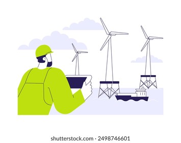 Offshore wind energy abstract concept vector illustration. Engineer looking at offshore wind turbine, ecology environment industry, sustainable technology, renewable energy abstract metaphor.