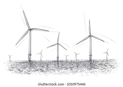 Offshore wind energy farm illustration. Hand drawn. Vector. 