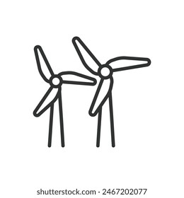 Offshore wind energy, in line design. Offshore, Wind, Energy, Turbine, Power, Renewable, Sea on white background vector. Offshore wind energy editable stroke icon.