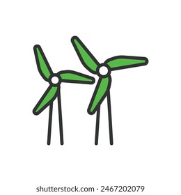 Offshore wind energy, in line design, green. Offshore, Wind, Energy, Turbine, Power, Renewable, Sea on white background vector. Offshore wind energy editable stroke icon.