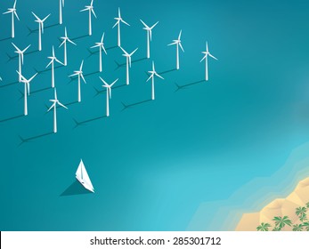 Offshore wind farm concept. Ecological background suitable for presentations. Eps10 vector illustration.