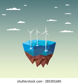 Offshore wind farm concept with in modern low polygonal floating island design. Ecological background suitable for presentations. Eps10 vector illustration.