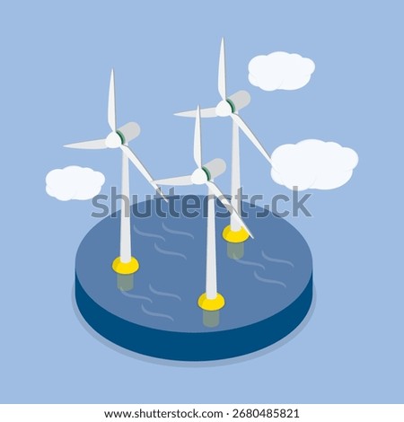 Offshore wind farm. Horizontal axis wind turbines at the Sea. 3d flat isometric vector illustration.