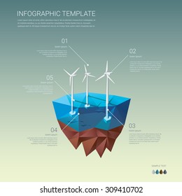 Offshore Wind Farm Infographics Template. Ecological Power Plant. Turbines On Floating Island. Low Poly Design Concept. Eps10 Vector Illustration.