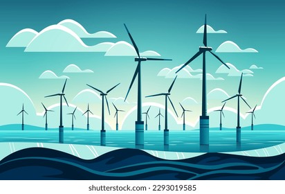 Offshore-Windpark mit Turbinen in Meeres- oder Meereswasserkraftwerken Energieerzeugung alternative Stromerzeugungskonzeption