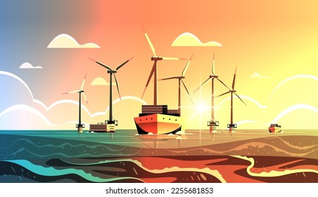 offshore wind farm with turbines and ship in sea or ocean renewable water station energy production alternative power generation