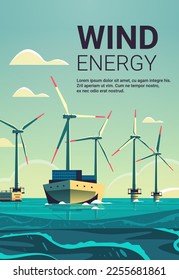 offshore wind farm with turbines and ship in sea or ocean renewable water station energy production alternative power generation