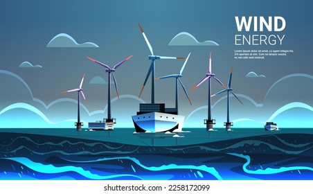 offshore wind farm with turbines and ship in sea or ocean renewable water station energy production alternative power generation