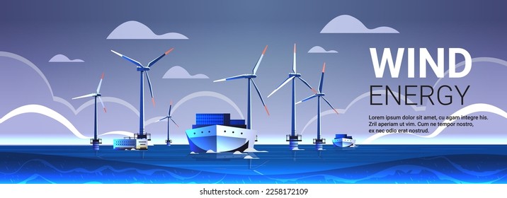 offshore wind farm with turbines and ship in sea or ocean renewable water station energy production alternative power generation