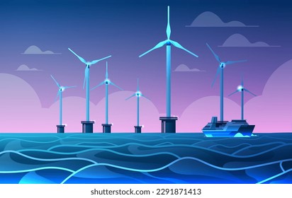 offshore wind farm with turbines and ship in sea or ocean renewable water station energy production alternative power generation