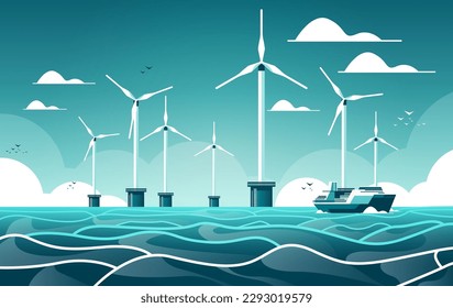 Offshore-Windpark mit Turbinen und Schiff in See- oder Meereswasserkraftwerken Stromerzeugung alternative Stromerzeugung