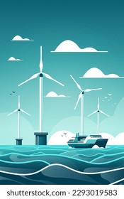 Offshore-Windpark mit Turbinen und Schiff in See- oder Meereswasserkraftwerken Stromerzeugung alternative Stromerzeugung