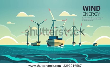 offshore wind farm with turbines and ship in sea or ocean renewable water station energy production alternative power generation