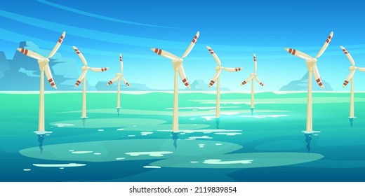 Offshore wind farm with turbines standing in sea. Vector illustration of alternative power generation, sustainable energy resources. Cartoon ocean landscape and windmills in water