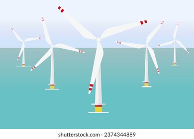 Granja eólica marina, ilustración vectorial del parque de molinos de viento en el mar. Energía alternativa 