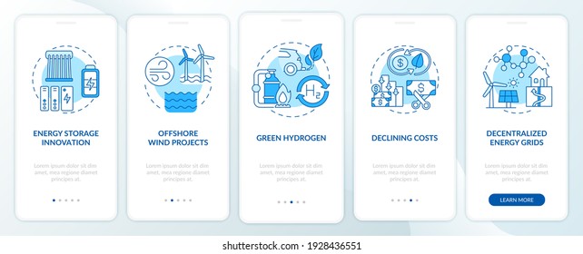 Offshore wind projects onboarding mobile app page screen with concepts. Energy storage innovation walkthrough 5 steps graphic instructions. UI vector template with RGB color illustrations