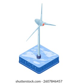 Offshore Wind Turbine. Isometric vector illustration of an offshore wind turbine, standing in open water. Represents modern clean energy production at sea, utilizing ocean winds.