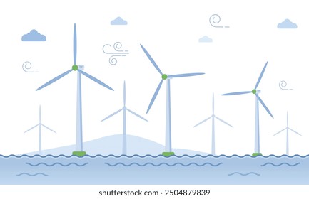 Offshore wind turbine system outline concept. Electrical energy generator technology for alternative and renewable energy production. Green environmental industry development and worldwide strategy.