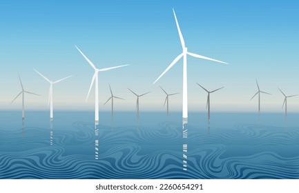 Offshore wind turbines. Concept of obtaining clean electric energy from renewable sources. Vector illustration.