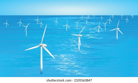 Offshore Wind turbines farm power generator out at sea background. Nature landscape for production of renewable green energy. sustainable development technology and friendly industry to environment. 