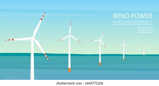 Offshore windmill farm in the ocean. Eco power. Clean energy. Vector illustration.