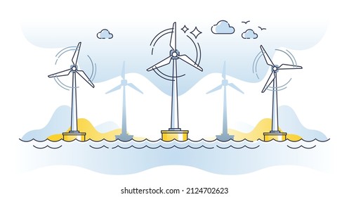 Offshore windmill system outline concept. Electrical energy generator technology for alternative and renewable energy production. Green environmental industry development and world wide strategy.