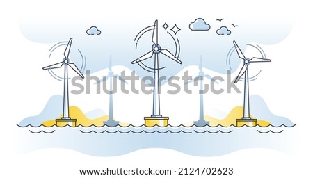 Offshore windmill system outline concept. Electrical energy generator technology for alternative and renewable energy production. Green environmental industry development and world wide strategy.