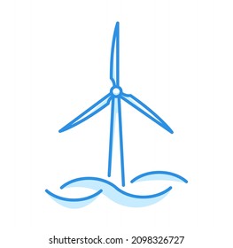 Offshore windmill in the water, ocean wind turbine, green energy line vector icon, climate environmental change concept, isolated on white background.