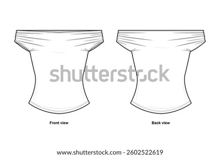 Off-Shoulder Fitted Top Technical Fashion Illustration. Short Sleeve Tube Top Vector Template. Front and Back View. Stretch Fabric. Body-Hugging Fit. Casual Womenswear. CAD Mockup set.