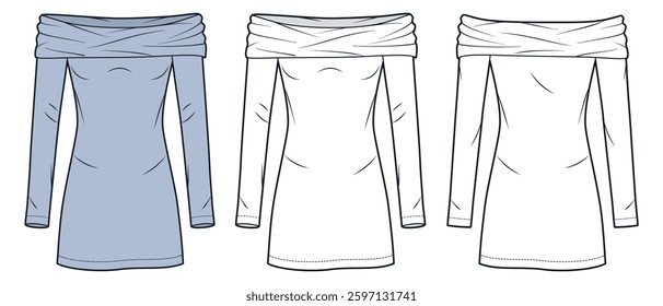 Off-Shoulder Mini Dress Technical Fashion Illustration. Draped Jersey Dress fashion flat technical drawing template, long sleeves, slim fit, front and back view, white, blue, women CAD mockup set.