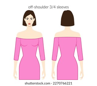 Off-shoulder sleeves clothes character beautiful lady in magenta top, shirt, dress technical fashion illustration with 3-4 bracelet length. Flat apparel template front, back. Women, men unisex CAD