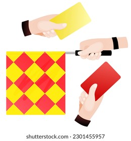 Offside trap of soccer. Referee, linesman's flag and cards set. Referee flag. Vector illustration.