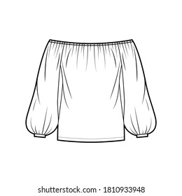 Off-the-shoulder blouse technical fashion illustration with long billowy sleeves, elasticated gathered neckline, oversized body. Flat apparel top template front white color. Women men unisex shirt CAD