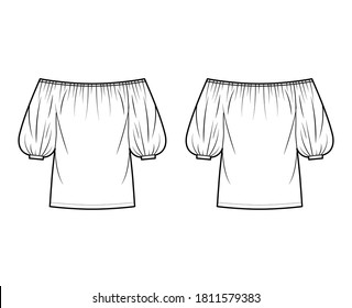 Off-the-shoulder blouse technical fashion illustration with elbow billowy sleeves, elasticated gathered neckline. Flat apparel top template front, back white color. Women men unisex shirt CAD mockup