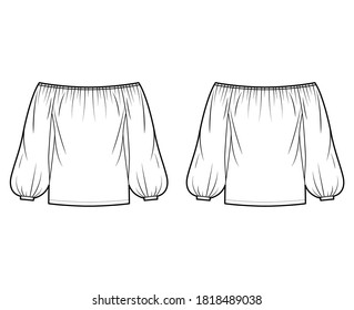 Off-the-shoulder blouse technical fashion illustration with long billowy sleeves, elasticated gathered neckline, oversized. Flat apparel top template front back white color. Women men unisex shirt CAD