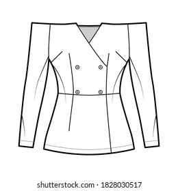 Doppelgängige technische Modegrafik mit eingebauter Silhouette, langen Ärmeln und Knopföffnung. Flaches Jackenvorlagenvorderteil, weiße Farbe. Frauen Unisex-Blazer-CAD-Modell